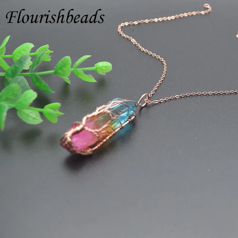 Electroplating Natural Stone Crystal Tree Life Pendant Hand Winding Yoga Meditation Stone Pendant Necklace for Women 2pcs/lot