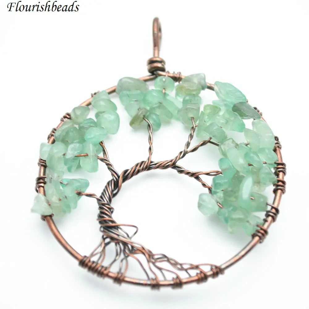 Natural Green Aventurine Stone Chips Antique Copper Color Wire Wrapped Life Tree Energy Pendant