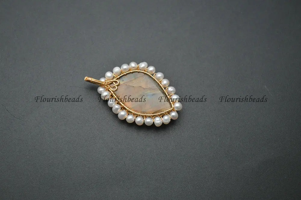 High Quality Shiny Natural Labradorite Stone Cabochon White Pearl Beads Wire Wrapped Laceword Pendant Fit Necklace Making