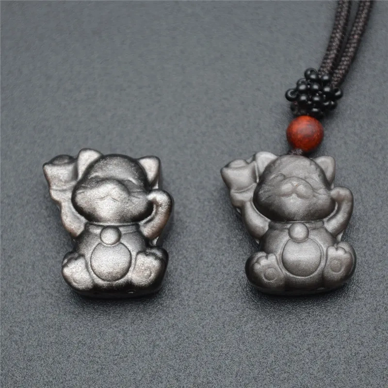 Natural Sivery Obsidian Cute Fortune Cat Gemstone Pendant Fit Necklace Buddhism Religion Accessories 5pcs / Lot