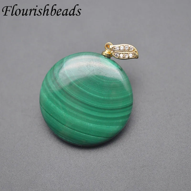 Natural Malachite Round Flat Pendant with Paved CZ Clip Clasp for Women DIY Necklace Jewelry Making