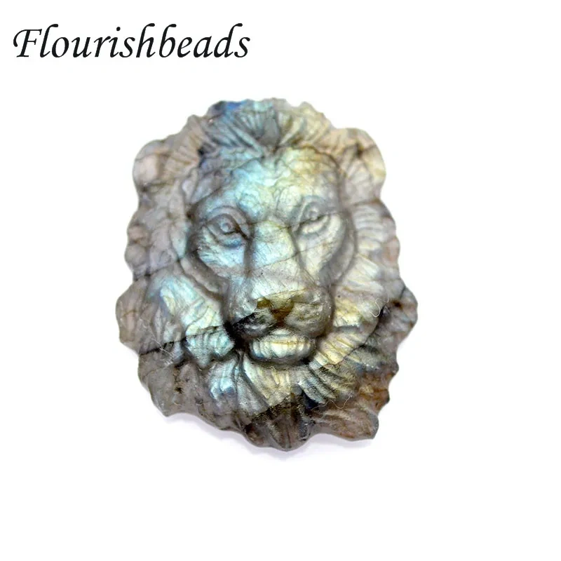 Natural Shiny Labradorite Stone Carved Lion Head Pendant Brave Lucky Reiki Amulet for DIY Necklace Jewelry Making