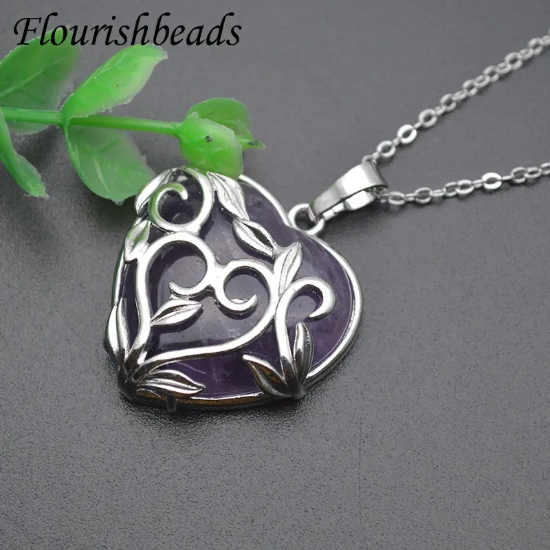 10pcs/lot Natural Tiger Eye Rose Quartz Opal Heart Shape  Pendant Necklace for Jewelry Power Gift 28*28mm