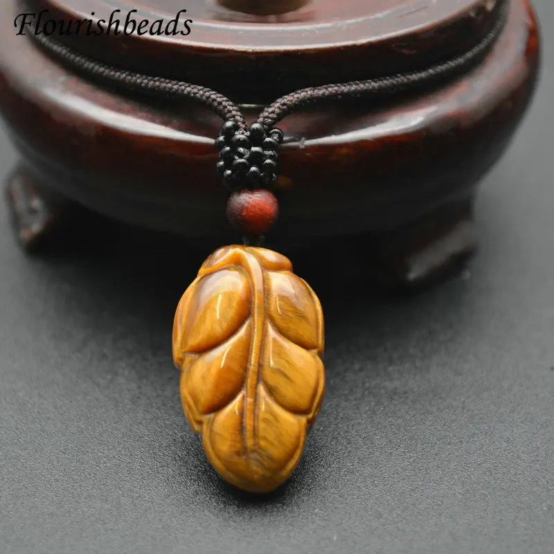 Unique Design Natural Tiger Eye Gemstone Leaf Shape Pendants Necklace Adjustable Cord Jewelry Party Gift