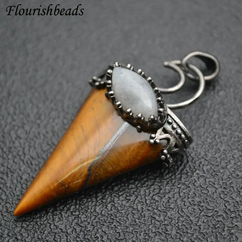 Cool Wolf Teeth Shape Natural Gemstone Pendant Fit Necklace Vintage Jewelry DIY Stuff Tiger Eye / Lapis / Agate / Crystal