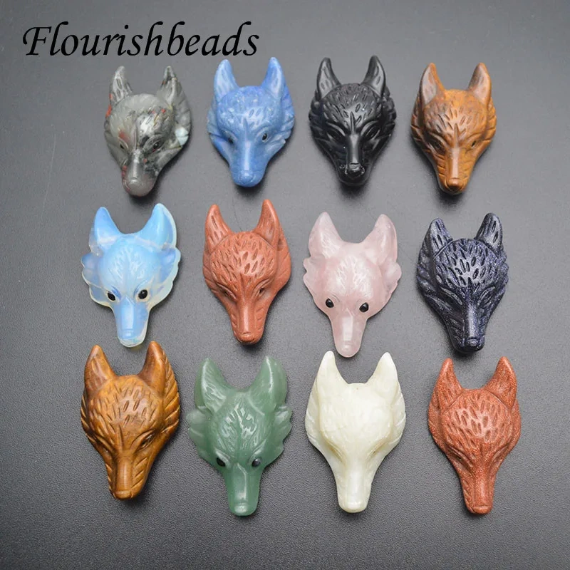 Various Natural Stone Carving Wolf Head Pendant for Healing Energy Yoga DIY Jewelry Necklace Pendant for Men Women