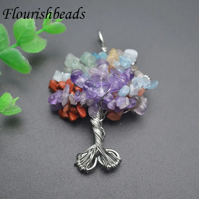 Natural Stone  7 Chakra Quartz Pendant Tree of Life Rhodium/Rose Gold Color Wire Wrapped for Women DIY Necklaces