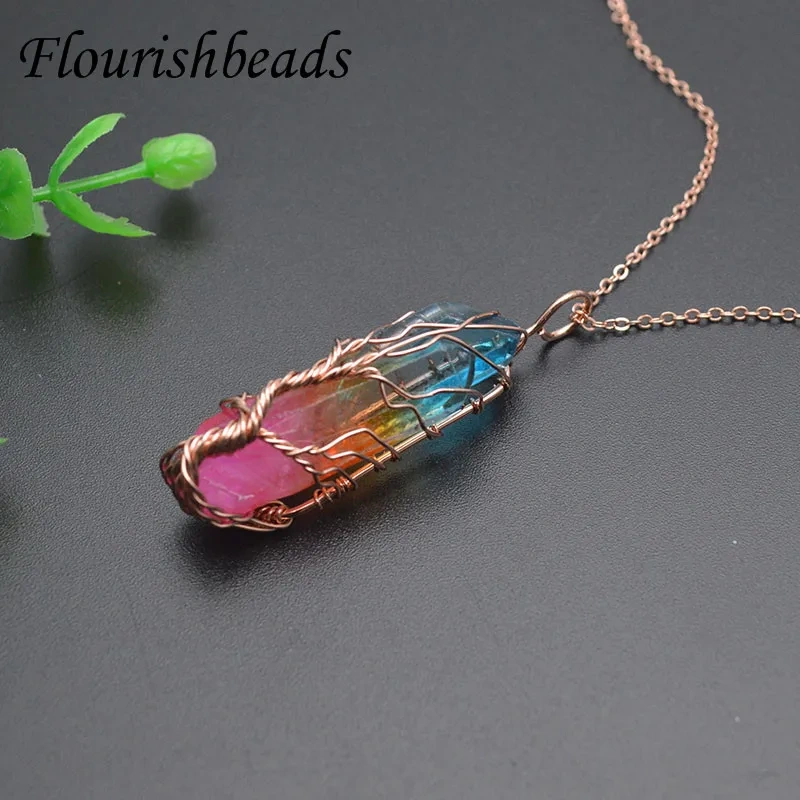 Electroplating Natural Stone Crystal Tree Life Pendant Hand Winding Yoga Meditation Stone Pendant Necklace for Women 2pcs/lot