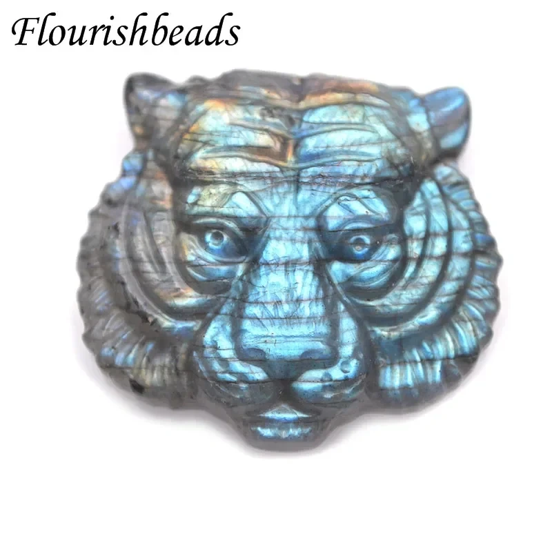 1pc Natural Stone Shiny Labradorite Carved Tiger Head Pendant Brave Quartz Crystal for DIY Fine Jewelry