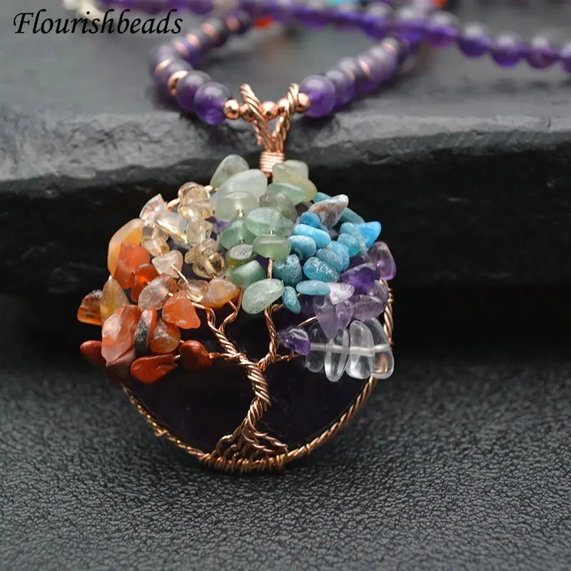 Handmade Winding Pendant Natural Tiger Eye Amethyst Pendant and Chain Life Tree Gemstone Chips Beads Mineral Healing Necklace