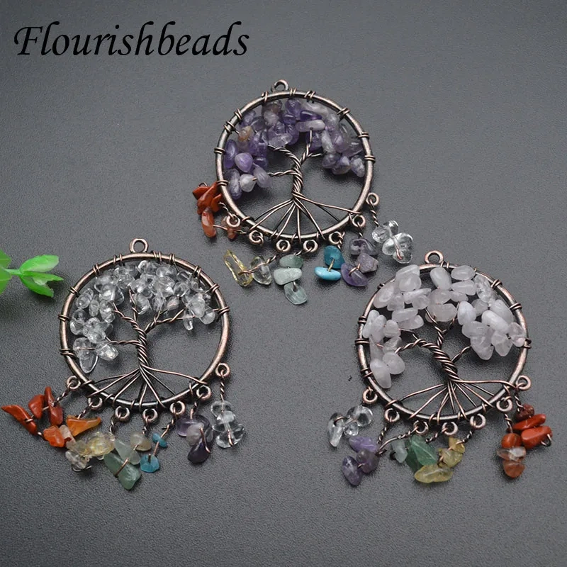 3pcs/lot Natural Stone Tree Life 7 Chakra Handmade  Wire Wrapped Pendants for DIY Jewelry Marking