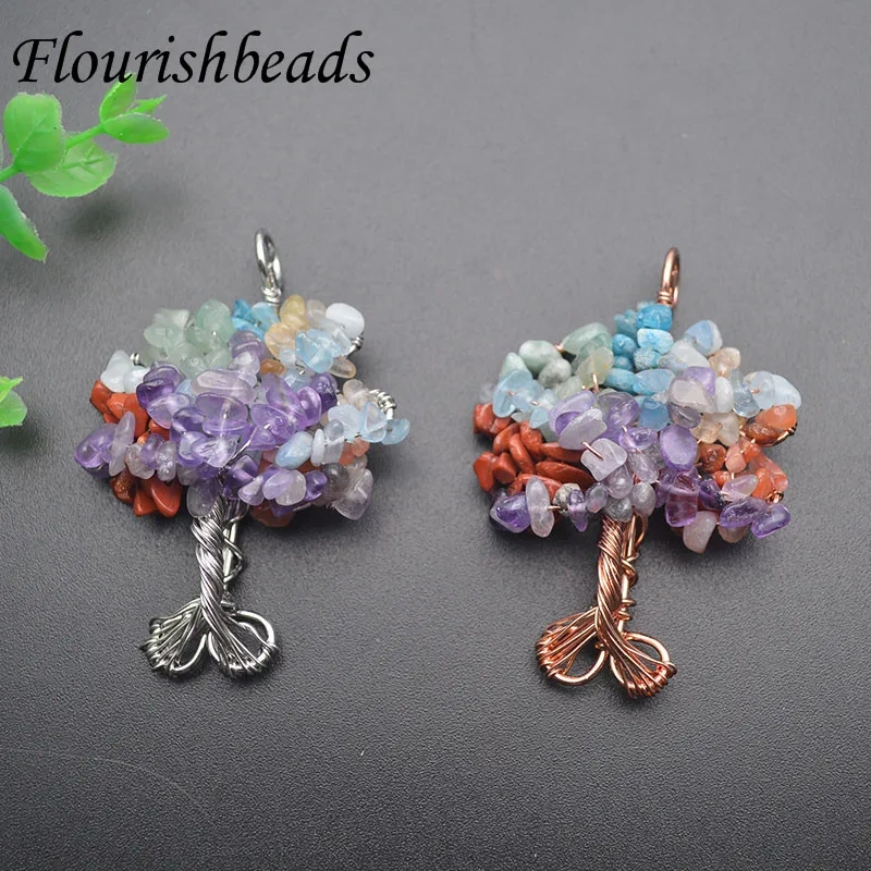 Natural Stone  7 Chakra Quartz Pendant Tree of Life Rhodium/Rose Gold Color Wire Wrapped for Women DIY Necklaces