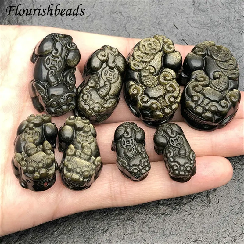 Natural Gold Obsidian Stone Carved Pixiu Pendant Fit Necklace Making Increase Luck with The Opposite Sex Jewelry 5pcs