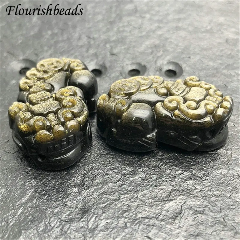 Natural Gold Obsidian Stone Carved Pixiu Pendant Fit Necklace Making Increase Luck with The Opposite Sex Jewelry 5pcs