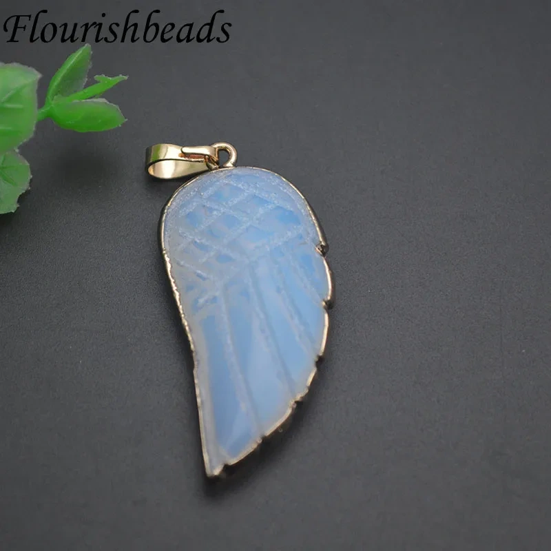 18x35mm Natural Stone Rose Quartz Opal Aventurine Fluorite Bead Carved Angel Wings Feather Pendant  for DIY Necklace