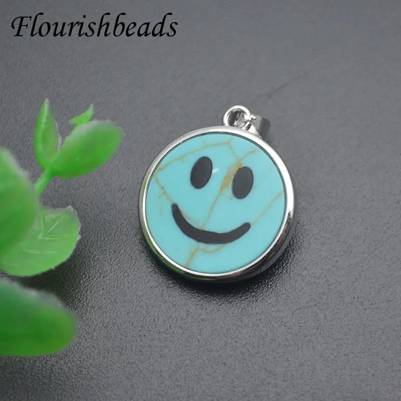 15mm Cute Smiley Round Natural Stone Pendants Lipis Amethyst Charms for DIY Necklace Jewelry Making Accessories 5pcs/lot