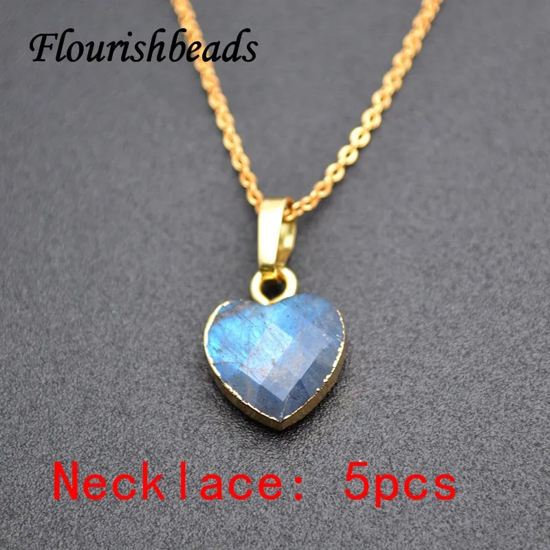 Cute Natural Gemstone Faceted Heart Shape Pendant Amazonite Labradorite Amethyst Healing Crystal Necklace Women Men Jewelry