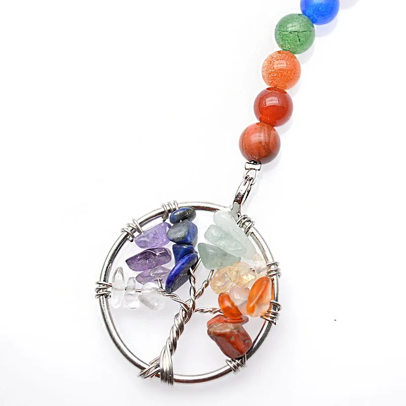 Key Ring Natural Crystal Gemstone Tree Life Pendant Mineral Jewelry Handmade Keychains Seven Chakras Bag Accessories
