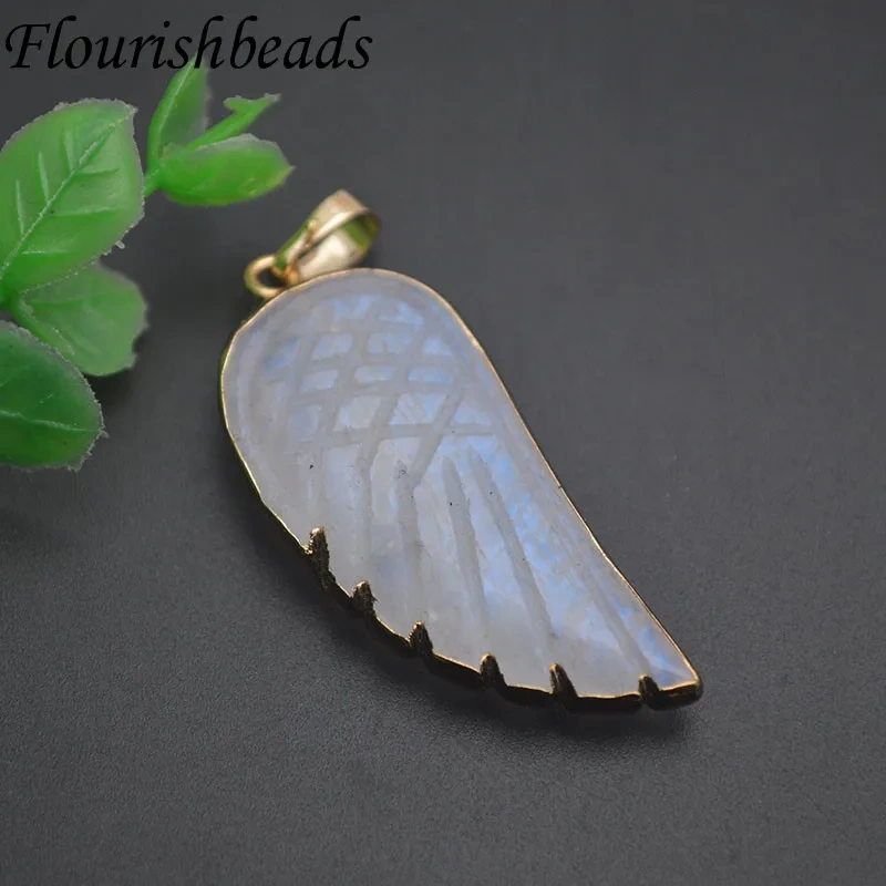 18x35mm Natural Stone Rose Quartz Opal Aventurine Fluorite Bead Carved Angel Wings Feather Pendant  for DIY Necklace