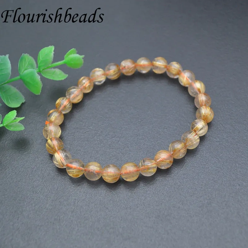8mm Bead 100% Natural Gold Rutilated Quartz Stretch Bracelet Woman Man Luck Wealthy Beads Fine Jewelry Bangle 7.5 Inch