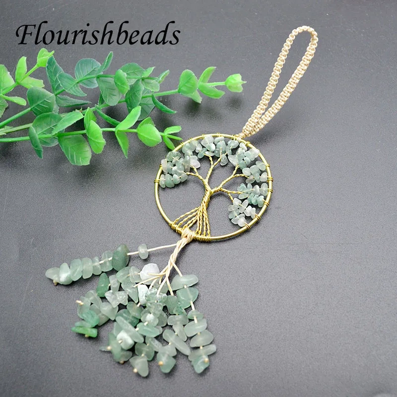 5pcs/lot Crystal GemStone Tree of Life Chakra Keychain Pendant Hanging Copper Wire Wrap Round Key Ring Holder
