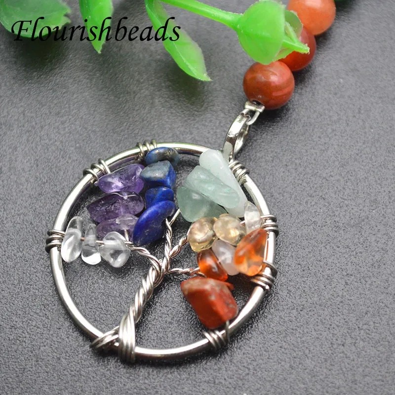 Key Ring Natural Crystal Gemstone Tree Life Pendant Mineral Jewelry Handmade Keychains Seven Chakras Bag Accessories