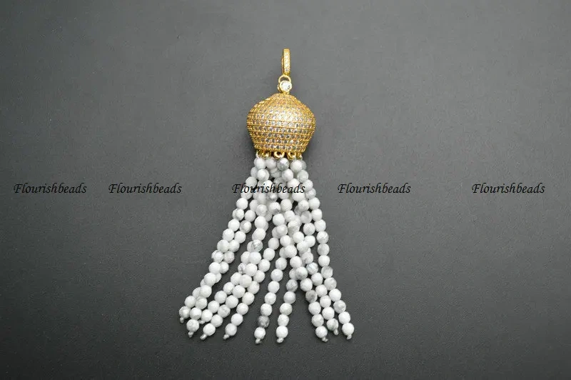 Natural Faceted 3mm Garnet / Rose Quartz / White Howlite Turquoise Round Beads Tassel Pendants Paved CZ Metal Crown Cap