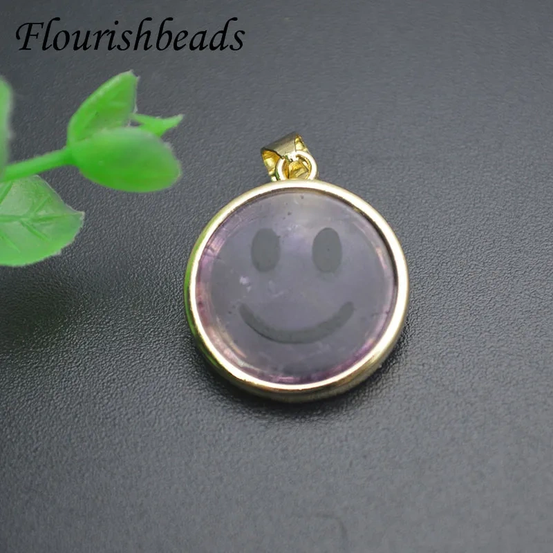 15mm Cute Smiley Round Natural Stone Pendants Lipis Amethyst Charms for DIY Necklace Jewelry Making Accessories 5pcs/lot
