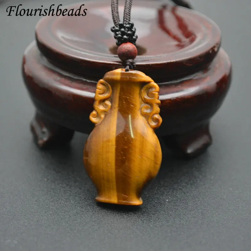 Unique Design Natural Tiger Eye Gemstone Vase Shape Pendants Necklace Adjustable Cord Jewelry Party Gift