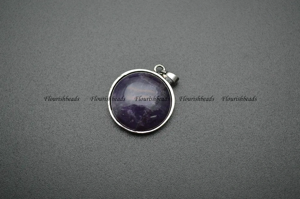 Natural Stone Round Cabochon Metal Life Tree Own Charm Pendant (Tiger eye / Lapis / Crystal / Rose Quartz / Green Aventurine)