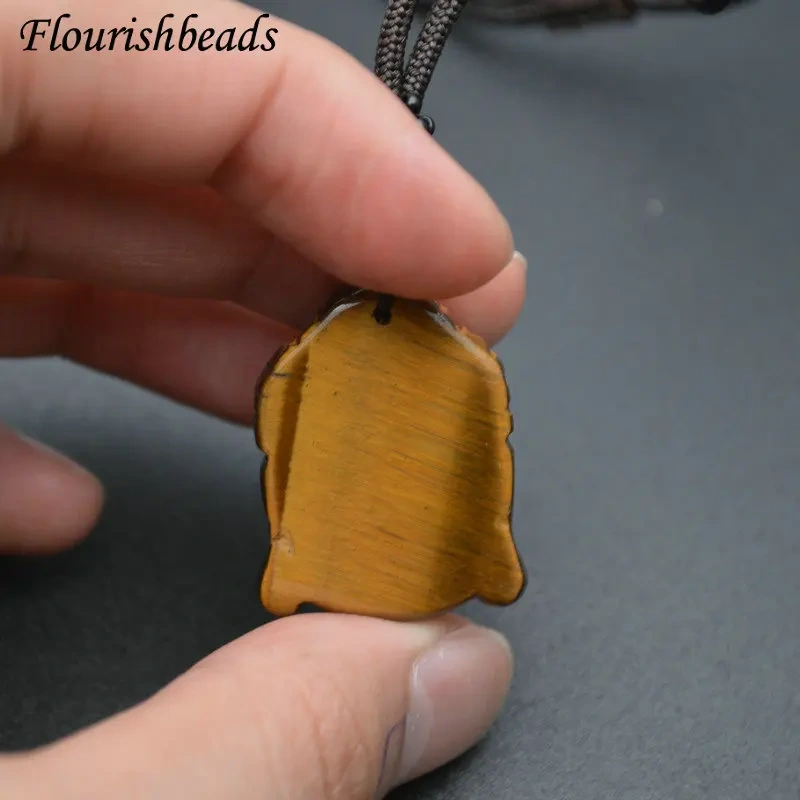 Natural Tiger Eye Gemstone Carved Buddha Head Shape Pendants Necklace Adjustable Cord Jewelry Party Gift Buddhist Accessories