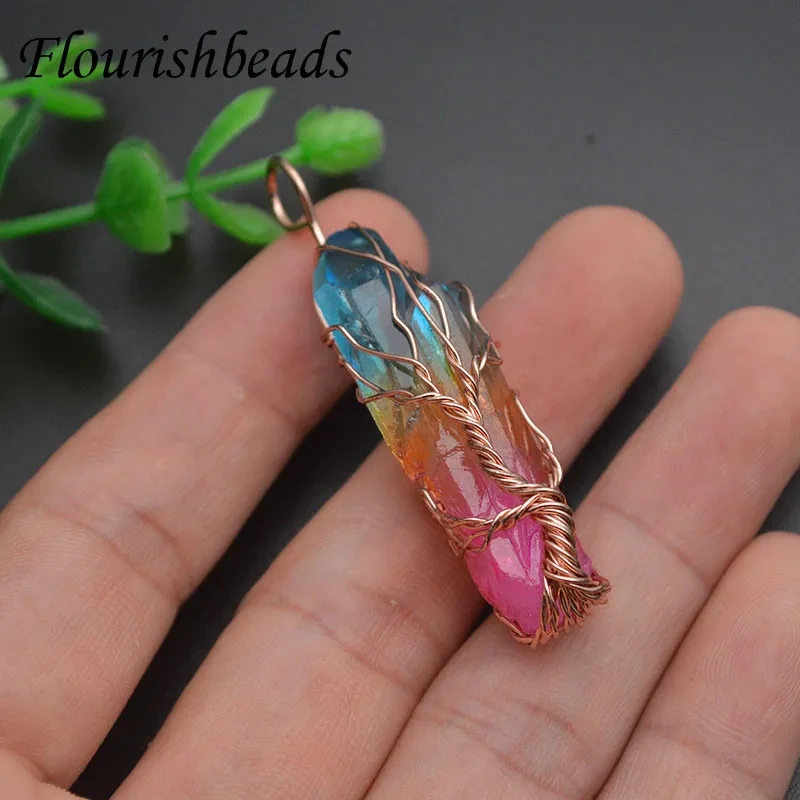 Electroplating Natural Stone Crystal Tree Life Pendant Hand Winding Yoga Meditation Stone Pendant Necklace for Women 2pcs/lot