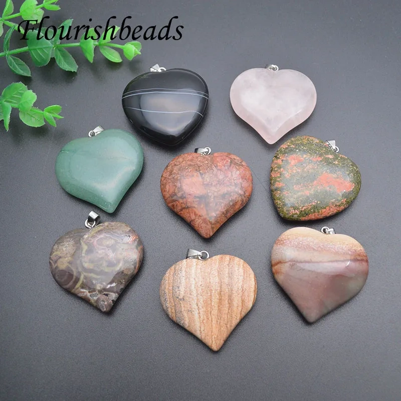 40x45mm Natural Stone Crystal Amethyst Green Aventurine Rose Quartz Tiger Eye Heart Shape Pendant DIY Necklace Accessories