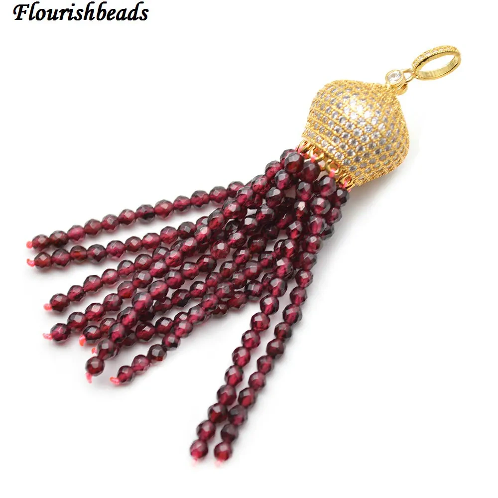 Natural Faceted 3mm Garnet / Rose Quartz / White Howlite Turquoise Round Beads Tassel Pendants Paved CZ Metal Crown Cap