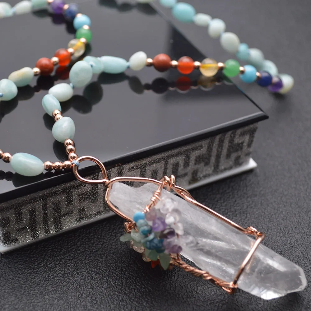 Handmade Crystal Healing Pendant Wire Wrapped Multi Stone Chips Chakra Life Tree Stone Mix Gemstone Chain Point Energy Jewelry