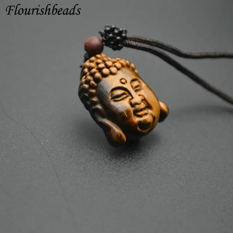 Natural Tiger Eye Gemstone Carved Buddha Head Shape Pendants Necklace Adjustable Cord Jewelry Party Gift Buddhist Accessories