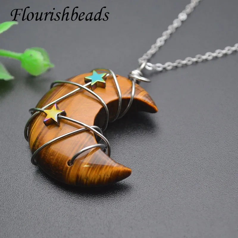 5pcs/lot Gemstone Carved Moon Shaped Necklace Healing Crystals Tiger Eye Pendant Jewelry Gift
