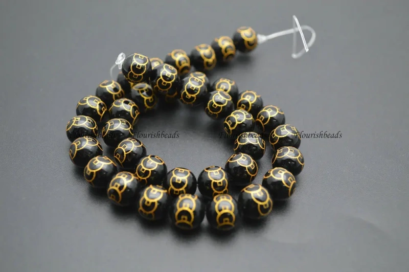 Gold Color Money Coin Veins Natural Black Agate Stone Round Loose Beads 8mm 10mm 12mm 14mm 5 strands per lot