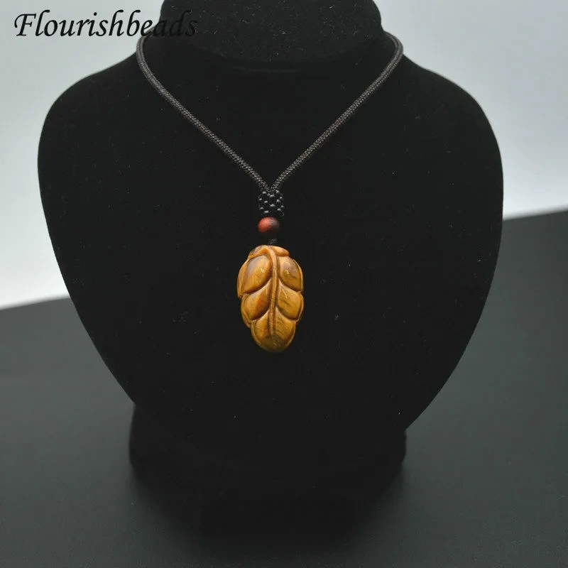 Unique Design Natural Tiger Eye Gemstone Leaf Shape Pendants Necklace Adjustable Cord Jewelry Party Gift