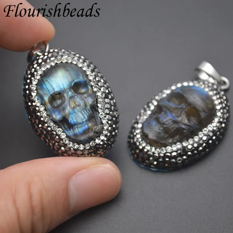 Natural Fluorite Carved Skull Head Paved Crystal Pendant Personalized Creative Jewelry Gift