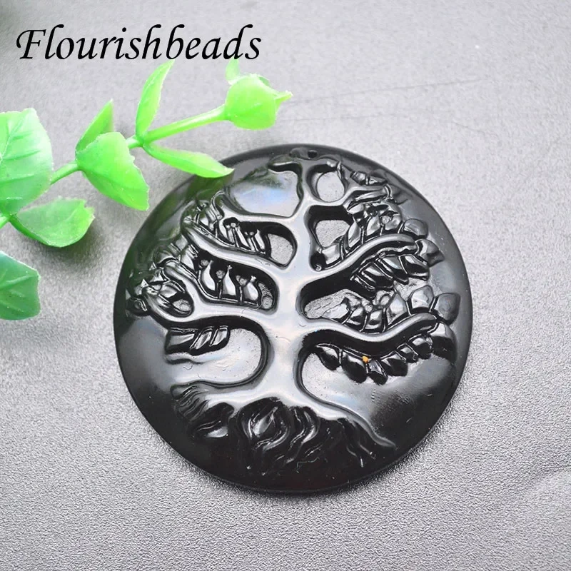 Natural Stone Black Obsidian Tree of Life Shape Pendant Men NecklacesMeditation Jewelry  1pcs