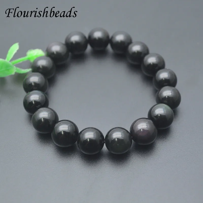 8/10/12/14mm Natural Round Beads Rainbow Black Obsidian Bracelet for Men Women Prayer Healing Jewelry