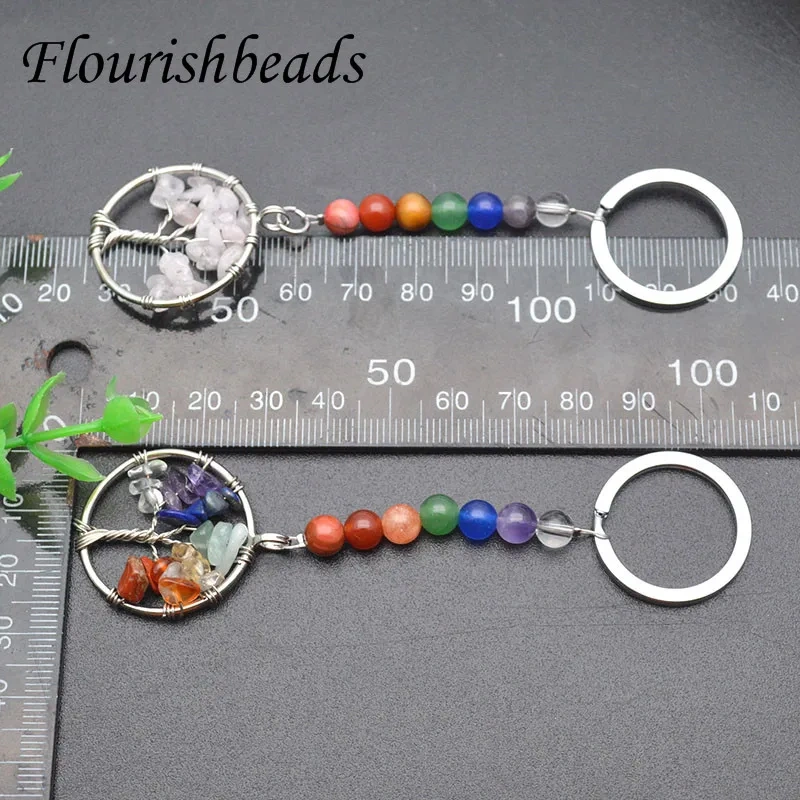 Key Ring Natural Crystal Gemstone Tree Life Pendant Mineral Jewelry Handmade Keychains Seven Chakras Bag Accessories