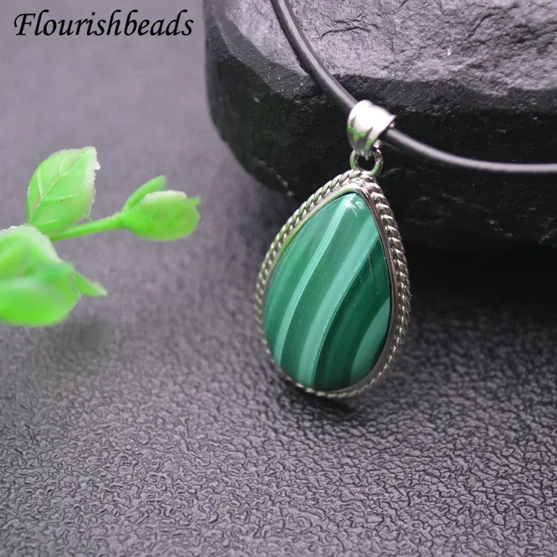 Natural Malachite Stone Free From Impurities Gemstone Water Drop Annual Circle Pendant Leather Chain Necklace Vintage Jewlery