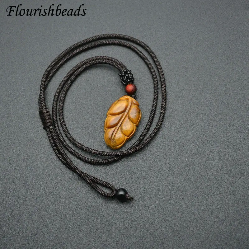 Unique Design Natural Tiger Eye Gemstone Leaf Shape Pendants Necklace Adjustable Cord Jewelry Party Gift