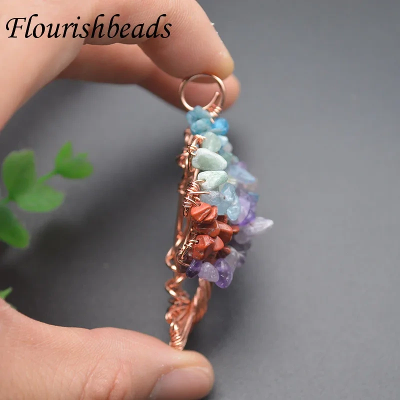 Natural Stone  7 Chakra Quartz Pendant Tree of Life Rhodium/Rose Gold Color Wire Wrapped for Women DIY Necklaces