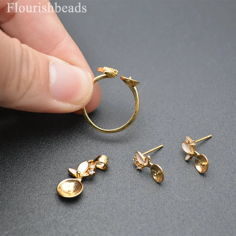 Gold Color Jewelry Set CZ 925 Silver Blank Flower Pendant Earrings Base Adjustable Ring Setting For Jewelry Making Supplies