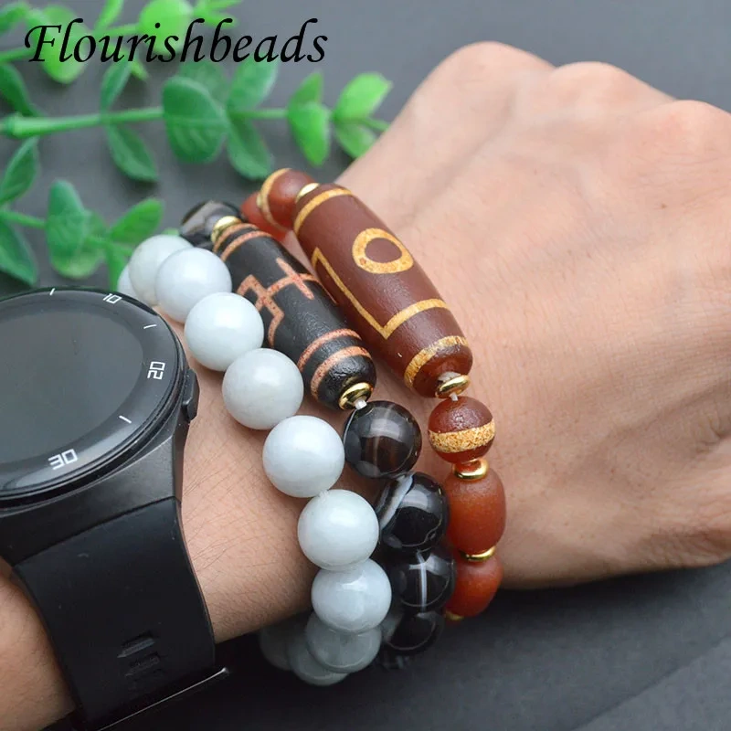 Natural Tibetan Dzi Beads 12mm Black Agate Beads Stretch Bracelets Men&women Fine Jewelry