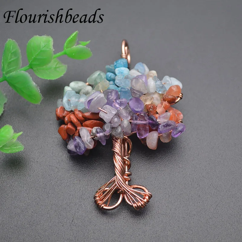 Natural Stone  7 Chakra Quartz Pendant Tree of Life Rhodium/Rose Gold Color Wire Wrapped for Women DIY Necklaces
