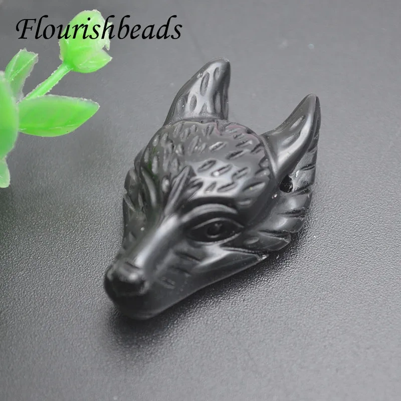 25x42mm Fashion Natural Gemstone Carved Wolf Head Animal Pendant Rose Quartz Opal Stone Charms for Necklace Jewelry Making